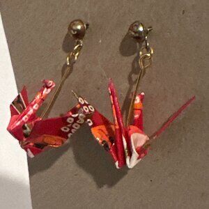 🎌✨ Japanese Origami Crane Earrings – Handmade Textile 鶴 – Red Pattern – From Ja